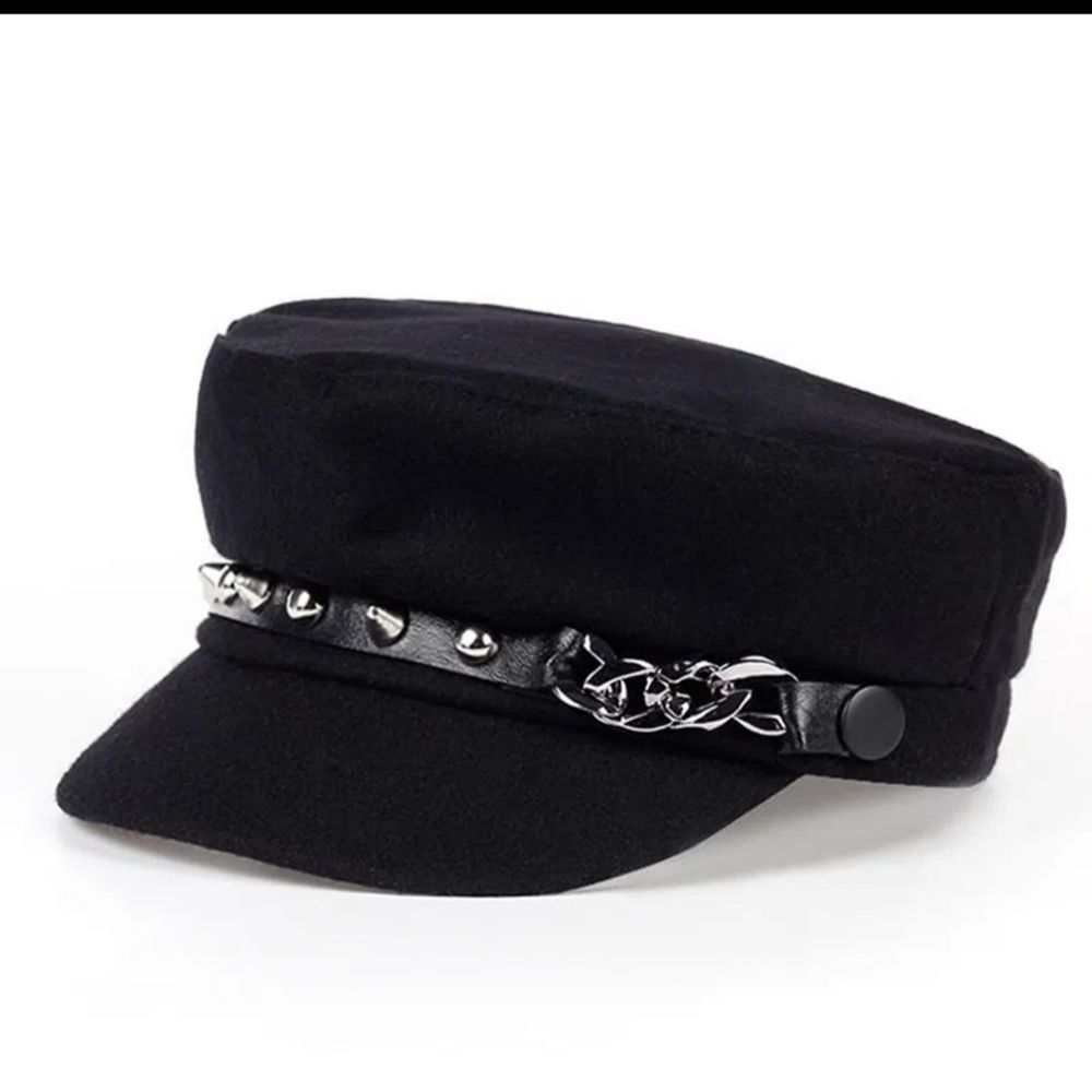 Black silver studded chain biker/military botique style hat new
